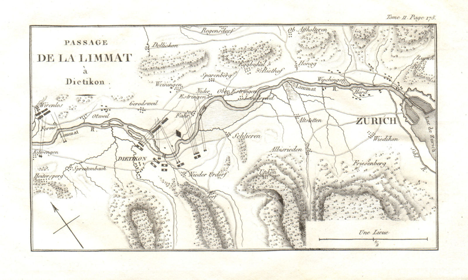Second Battle of Zurich 1799. Passage of the Limmat at Dietikon 1819 old map